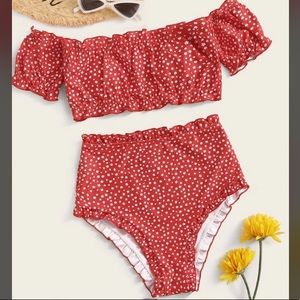 Ditsy Floral Frill Trim Bardot Bikini Swimsuit, size M